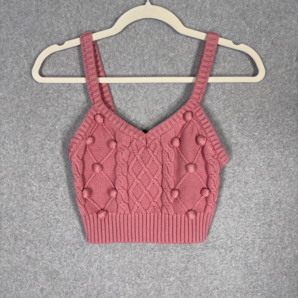 Sweater Cable Knit Crop Tank Top Small Mauve Pom‎ Pom Festival Coquette Preppy